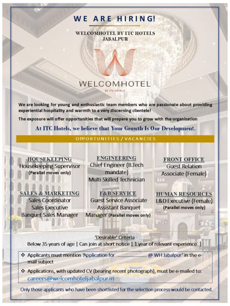 Welcomhotel by ITC Jabalpur Hiring 2026: Apply Now!
